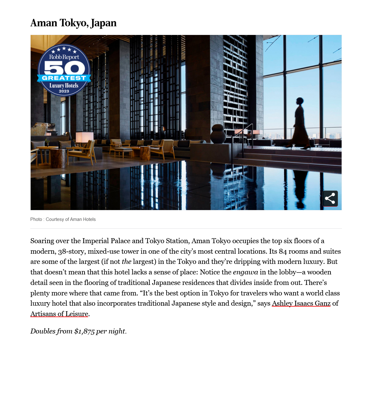 Robb Report 50 Best Luxury Hotels Aman Tokyo