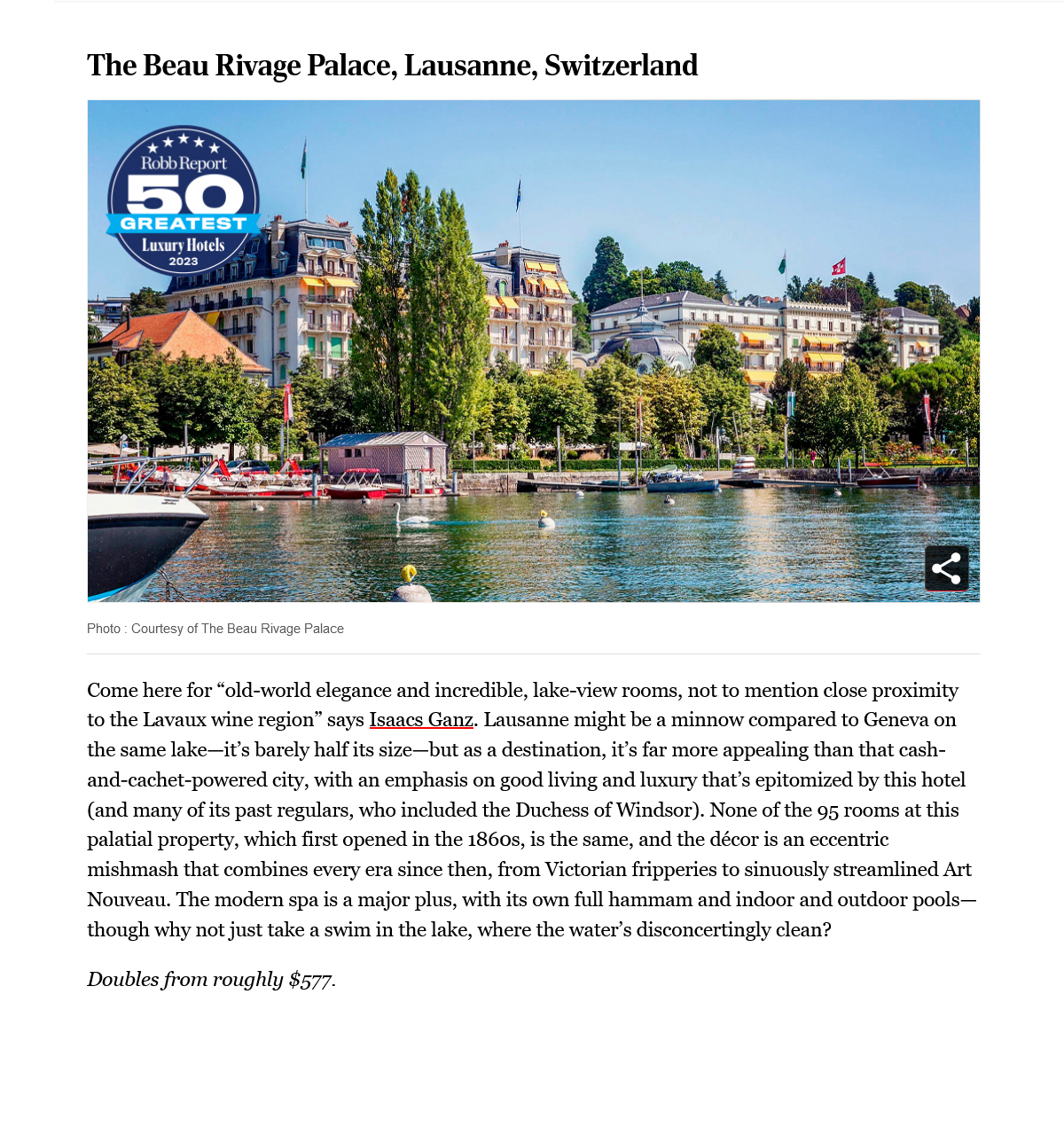 Robb Report 50 Best Luxury Hotels Beau-Rivage Palace