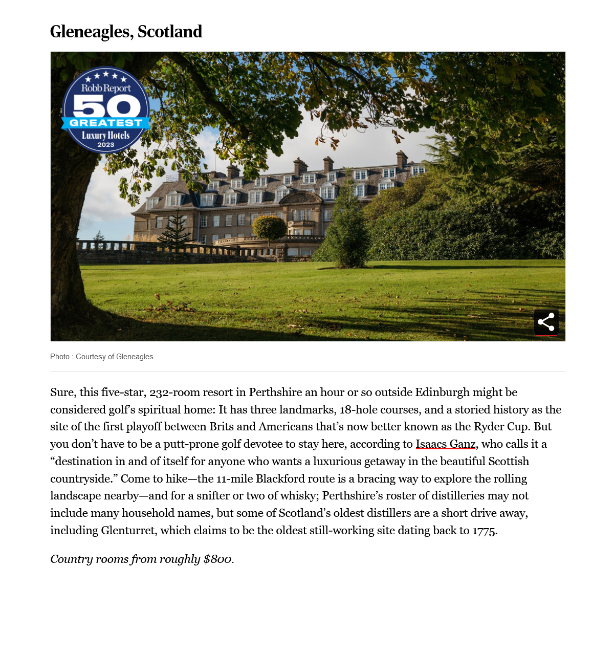 Robb Report 50 Best Luxury Hotels Gleneagles