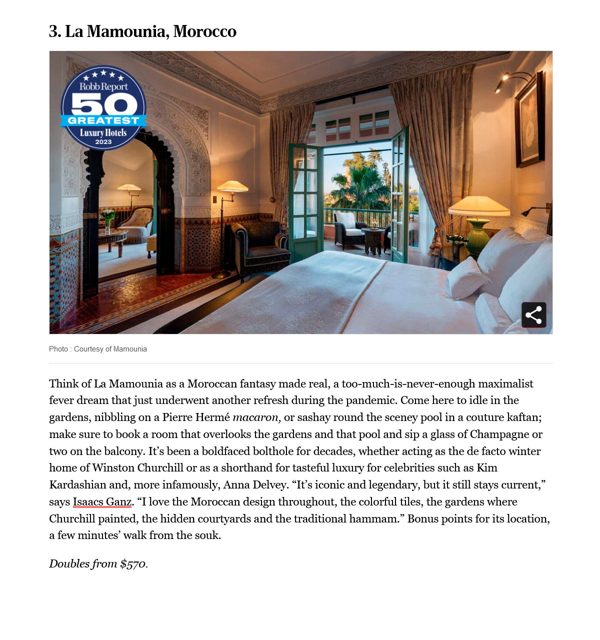 Robb Report 50 Best Luxury Hotels La Mamounia