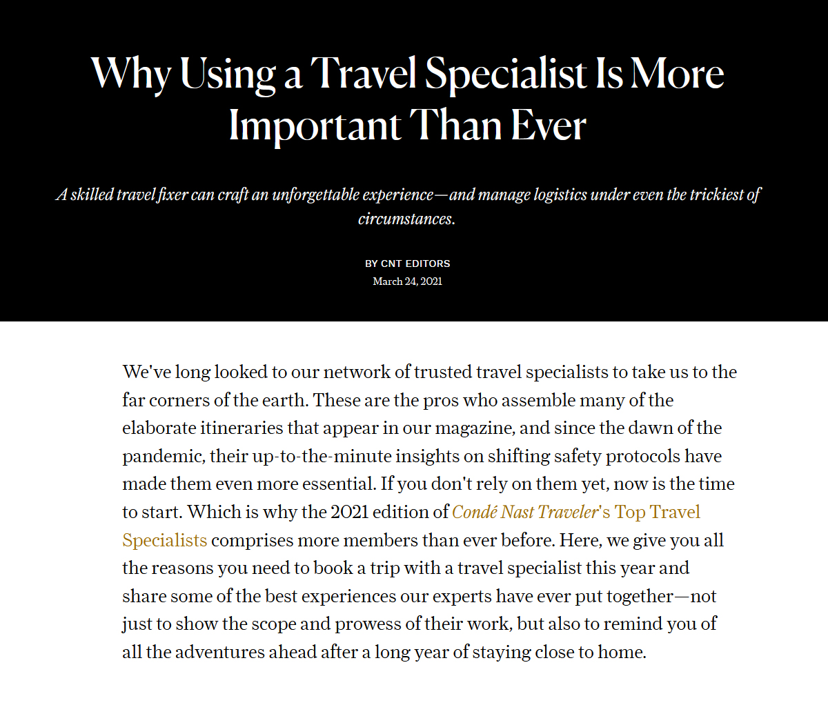 Conde Nast Traveler Top Travel Specialists 2021