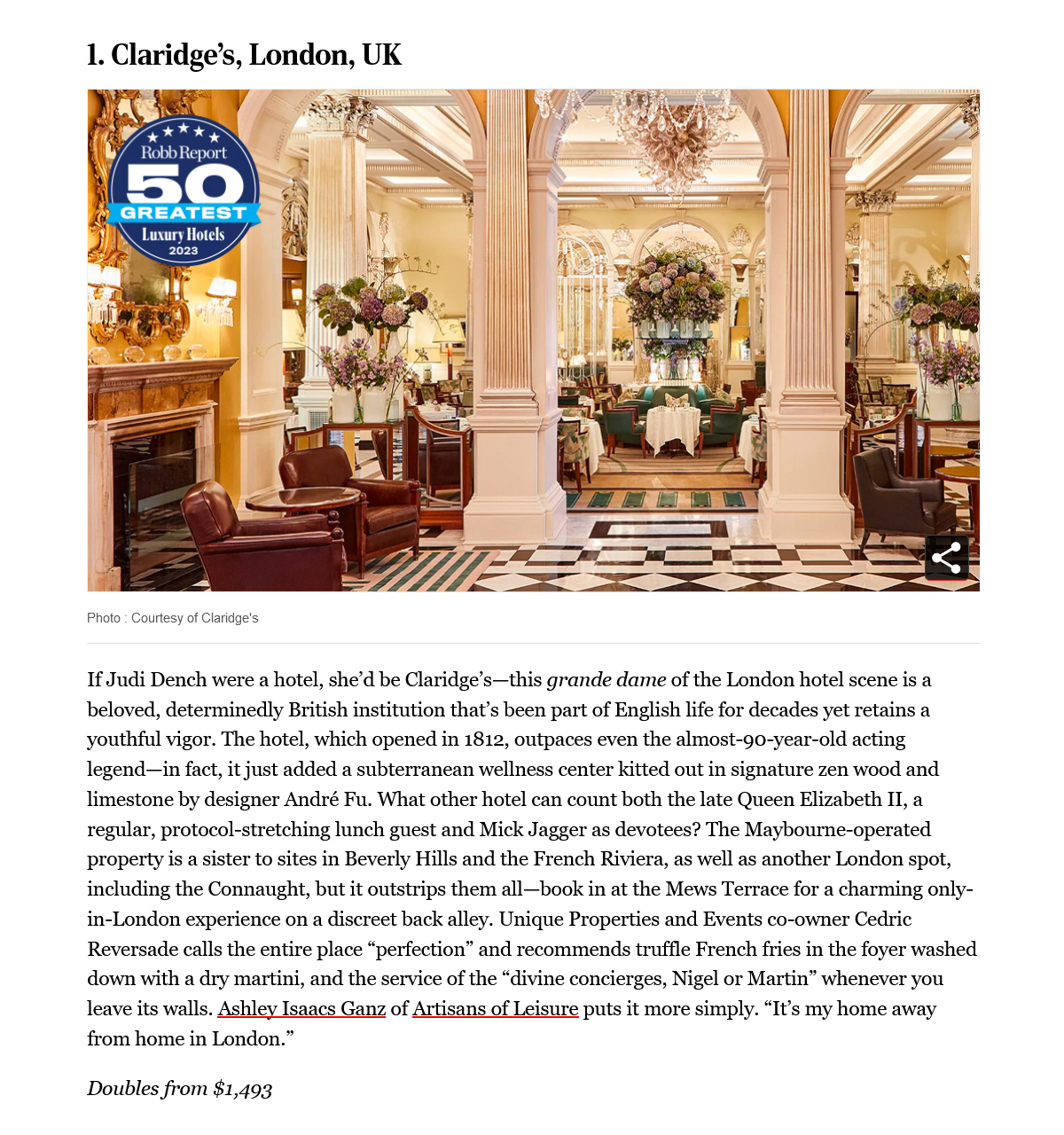 Robb Report: 50 Greatest Luxury Hotels on Earth - Claridge's