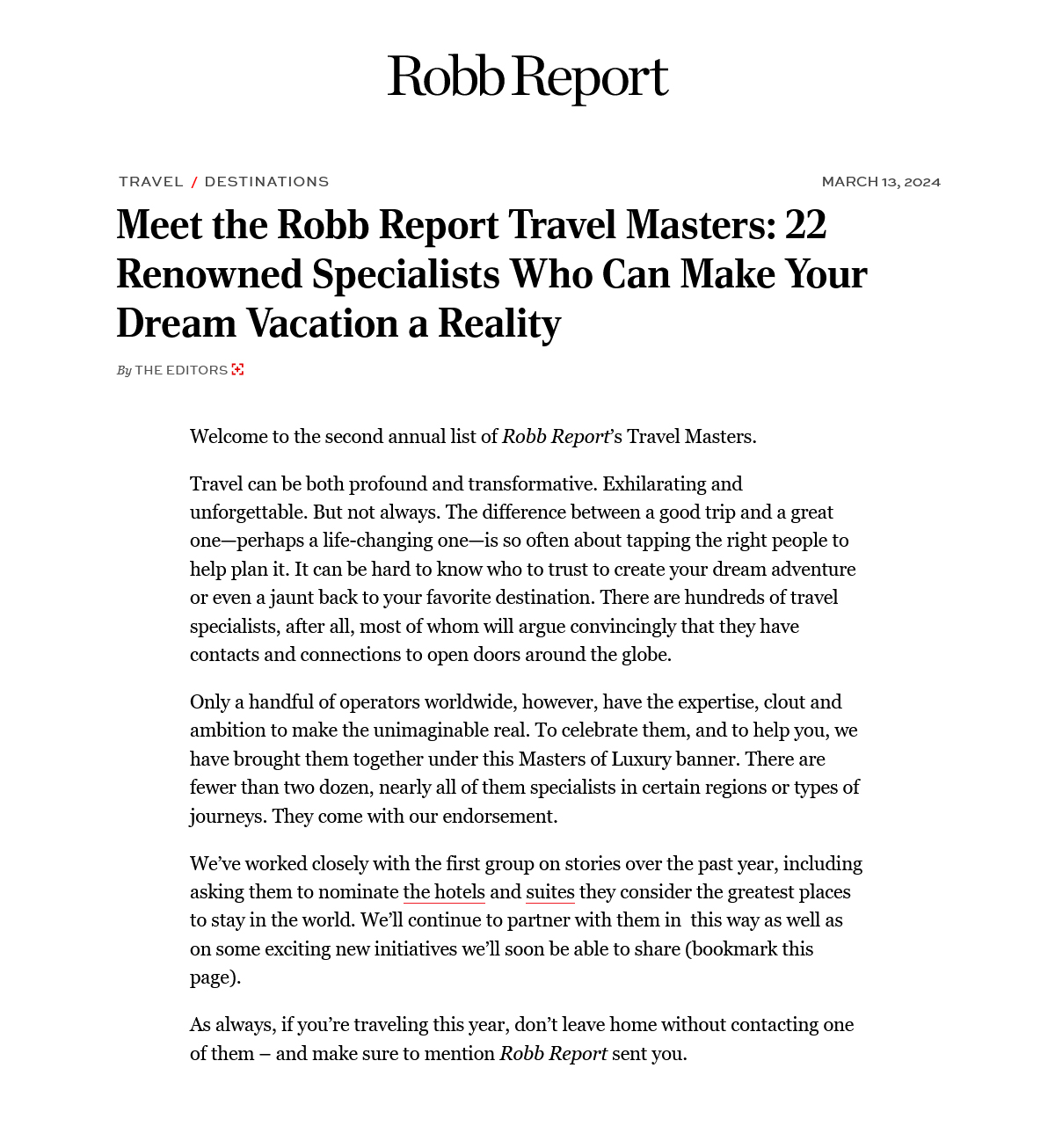 Robb Report Travel Masters, Masters of Travel 2024
