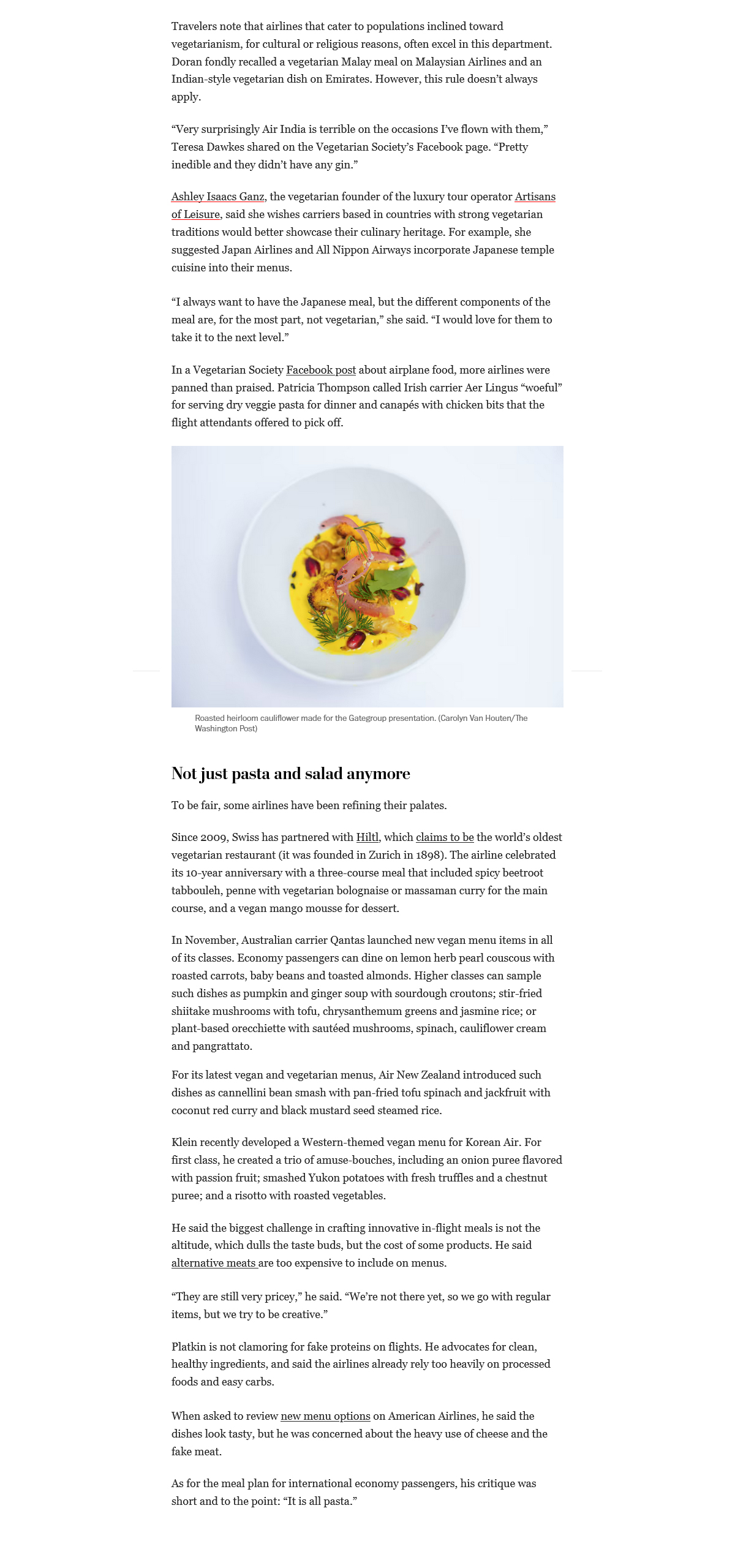 Washington Post: In-flight vegetarian meals, April 2024