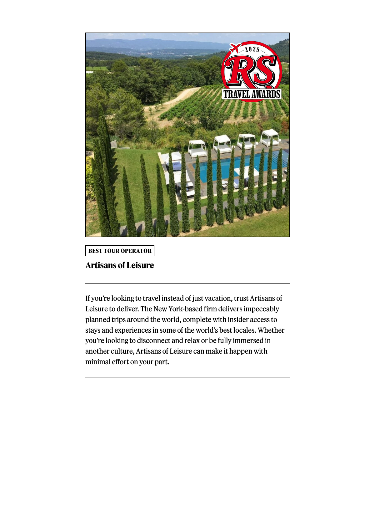 Rolling Stone Travel Awards 2025: Best Tour Operator - Artisans of Leisure