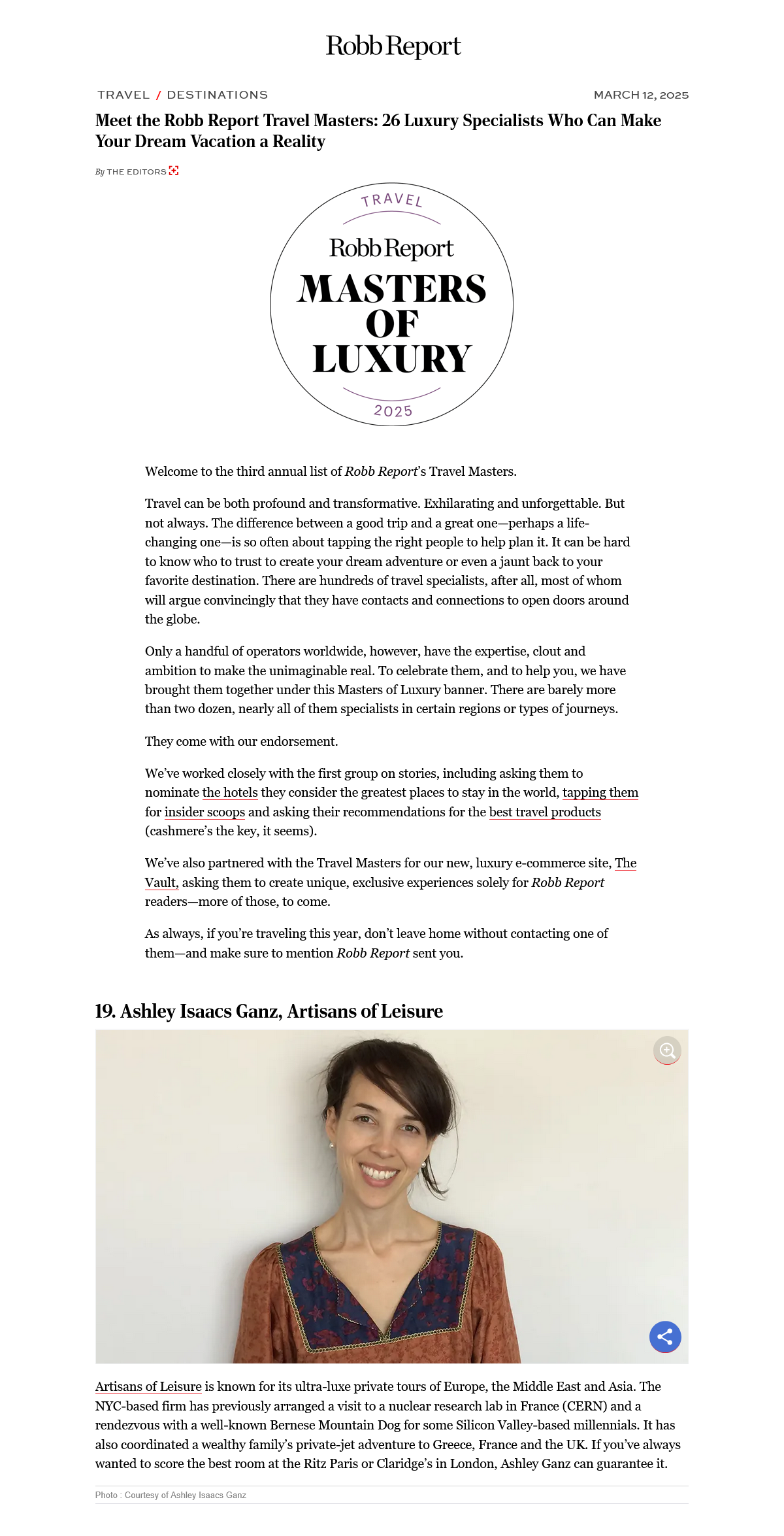Robb Report Travel Masters 2025 Masters of Luxury Artisans of Leisure